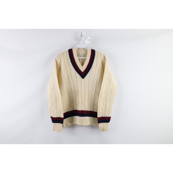 Vintage 60s Dapper Small Wool Striped Cable Knit Letterman Varsity Sweater USA